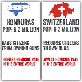 Honduras and Switzerland have 8.2 million people, but Honduras has a high murder rates and bans guns unlike 
Switzerland which has a low crime rate and has many guns.